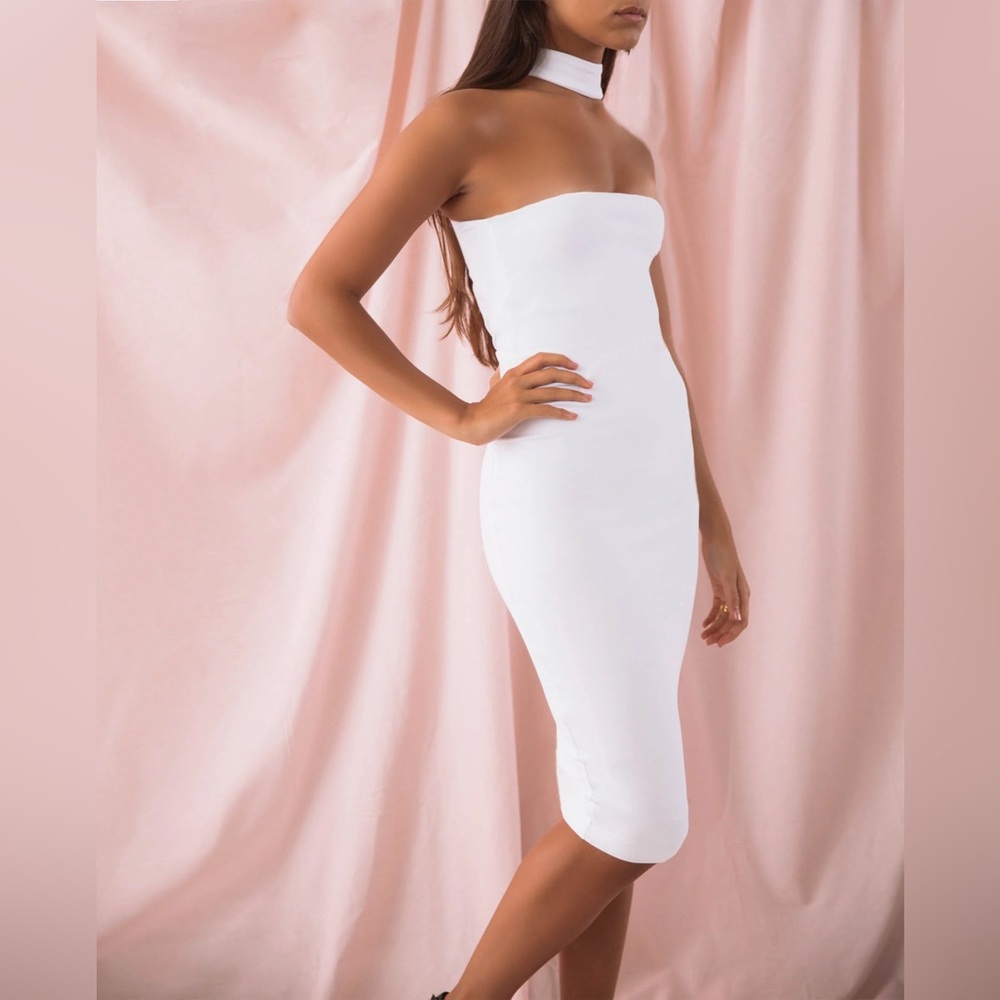 Strapless white midi bodycon dress
